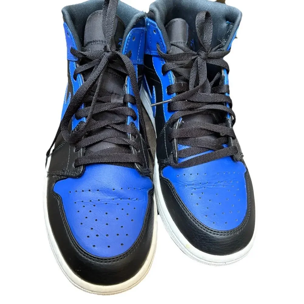 Nike Air Jordan 1 Mid Black Royal Tumbled Leather Mens 10 Shoes 554724-077 Box